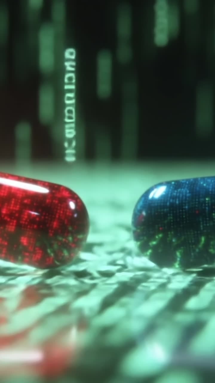 Exploring choices in a digital world. A blue and a red capsule on a green code matrix symbolize decision-making in a virtual world.