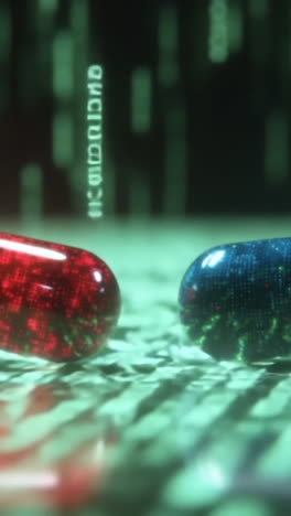 exploring choices in a digital world. a blue and a red capsule on a green code matrix symbolize decision-making in a virtual world.