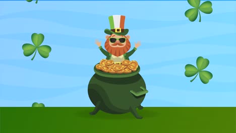 happy saint patricks day postcard with leprechaun in treasure cauldron and clovers