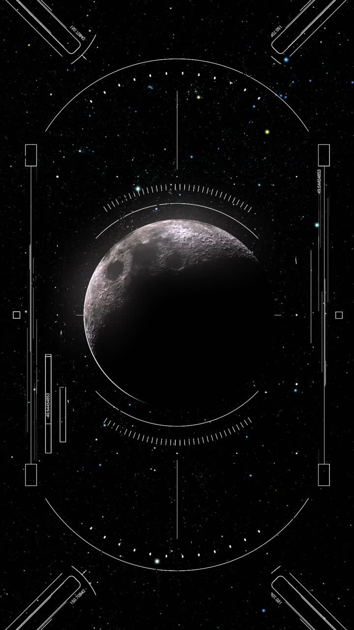 Futuristic HUD with data and targeting system analyzing a detailed half moon against a starry background