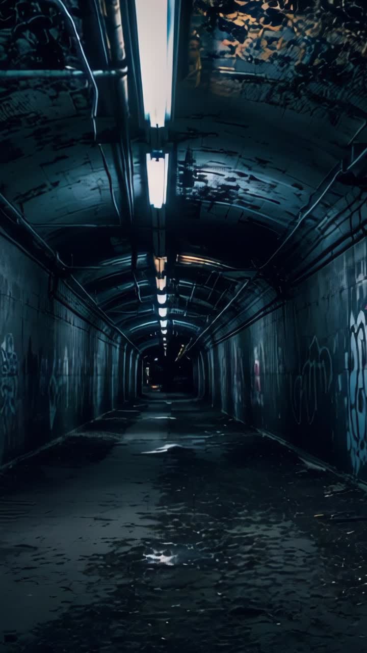 Vertical video: Pushing camera gliding through flickering-tube tunnel, showing graffiti and puddles