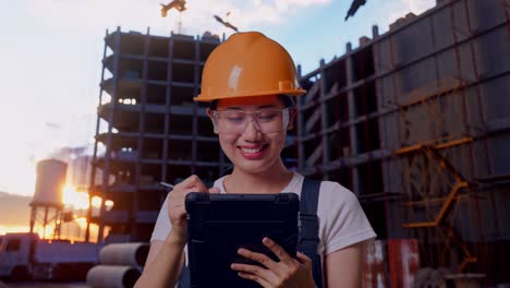 close up de una trabajadora asiática que usa gafas de protección y casco de seguridad tomando notas en una tableta mientras está de pie en el sitio de construcción