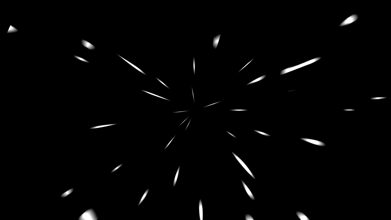 A unique matte black and white cartoon style transition, simulating a tunnel or fast moving particles
