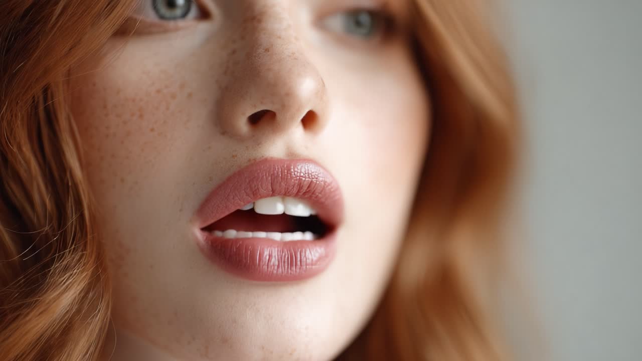 Intimate Close-Up of a Freckled Young Woman's Lips Highlighting Natural Beauty and Soft Makeup in a Serene Setting