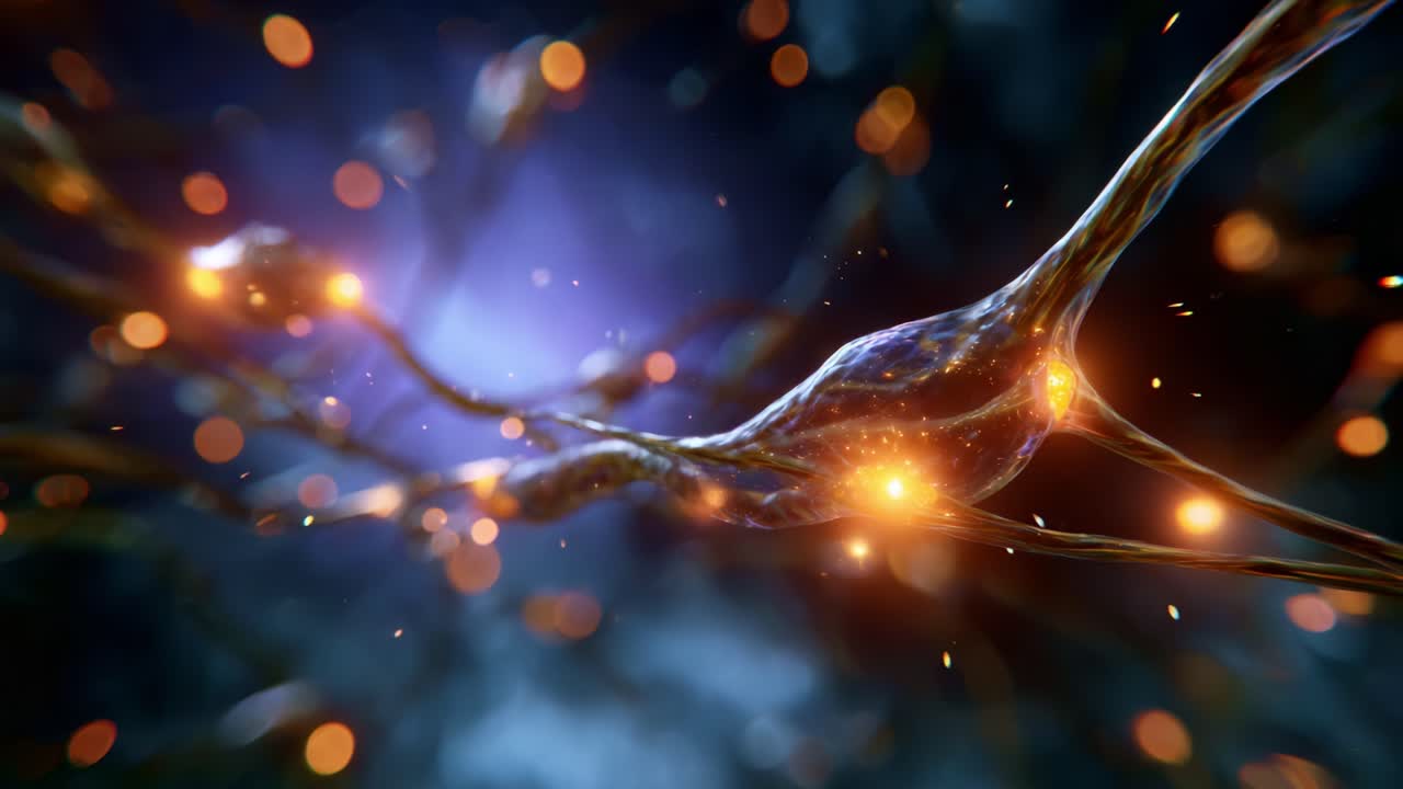 Captivating view of a neural synapse, showcasing intricate details of the neuronal connections illuminated with vibrant colors and a mesmerizing background