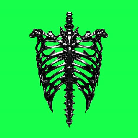 futuristic black ribcage sculpture animation, transparent 4k video, green screen