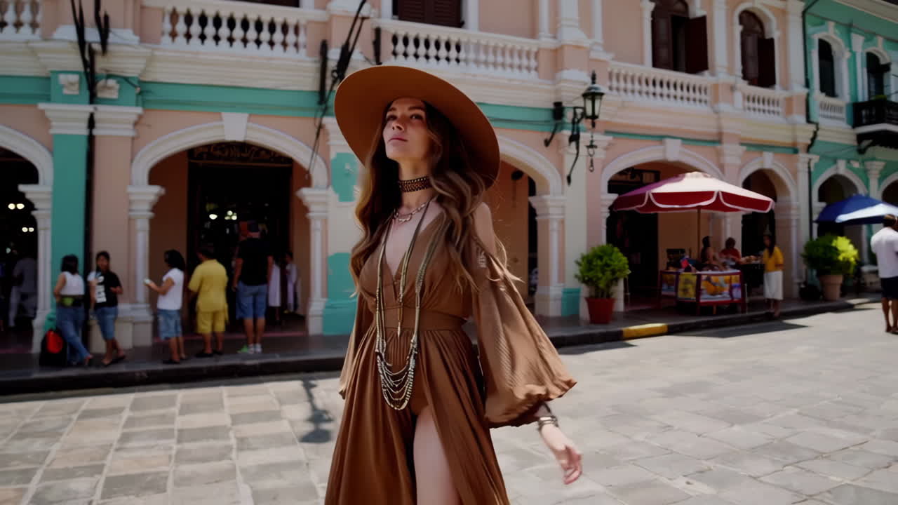 Stylish woman exploring a vibrant colonial city street
