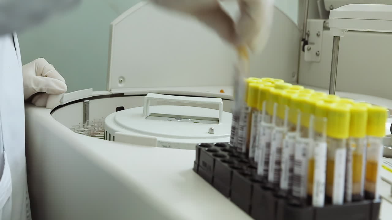 Technician taking blood tubes with bar code put into specimens in chemistry test for working with blood, urine, biomaterials samples in chemistry test analysis machine using automation robotics
