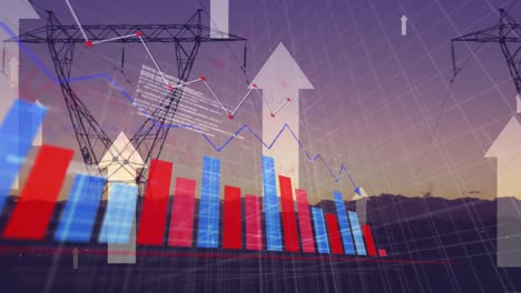 Animation-of-arrows,-changing-financial-data-and-graphs-over-electricity-poles