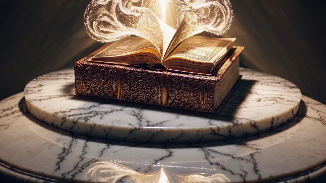Un libro mistico su un piedistallo di marmo con vortici di energia magica