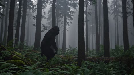 a mysterious forest scene with a silhouette of a creature among tall trees