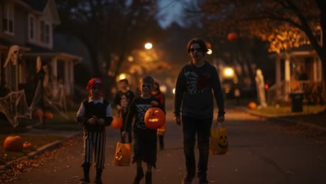 Children in Halloween Costumes Walking on a Festively Decorated Street at Dusk, Collecting Candy and Enjoying the Spirit of the Spooky Season