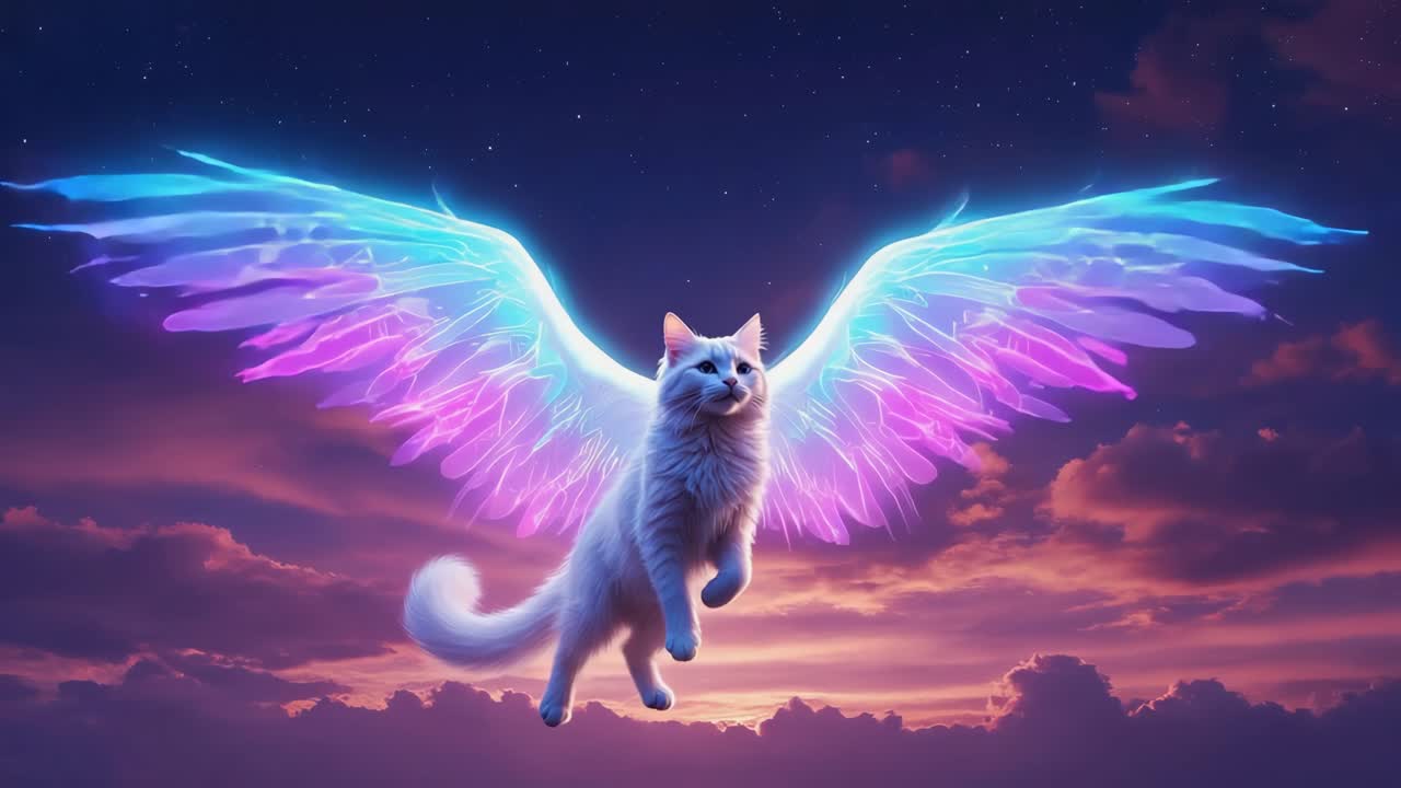 Cat with Angel Wings Flying in a Dreamy Sky