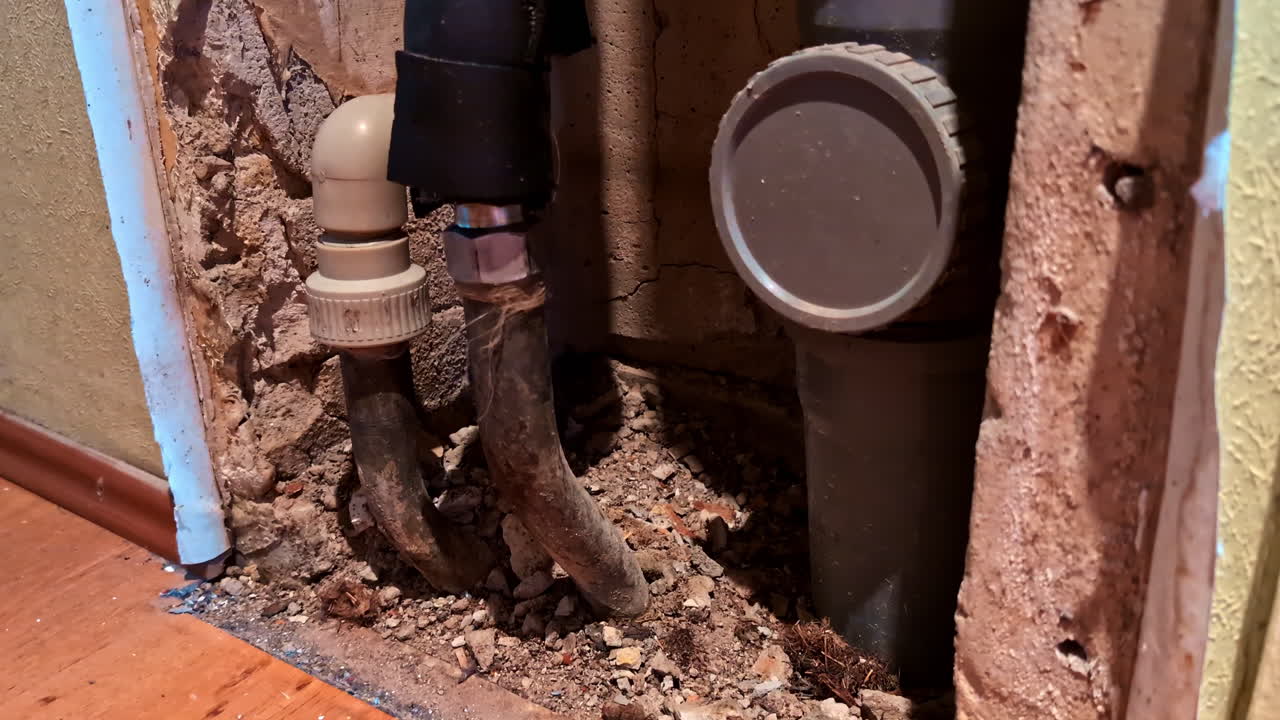 Plumbing Pipes Exposed in Wall During Home Renovation or Repair Work
