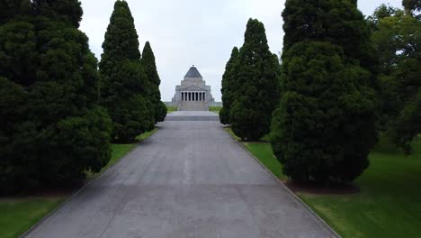 Drone-flying-towards-Melbourne's-Shrine-of-Remembrance---quiet-during-the-coronavirus-COVID-19-outbreak-in-Victoria,-Australia