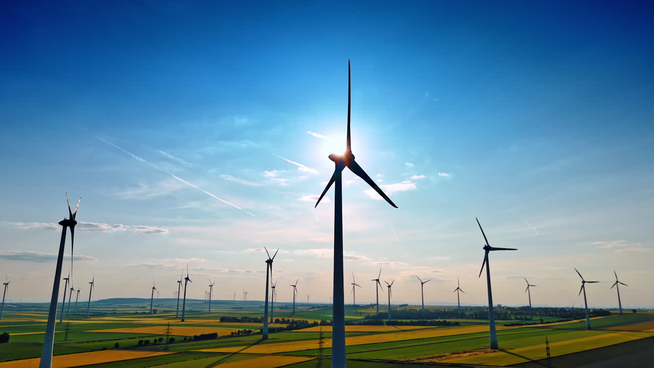 Turbines in a bright landscape. Wind turbines line the horizon on a sunny day, generating renewable energy in a tranquil rural setting