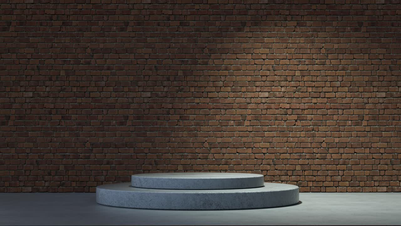 Cylindrical stage for product presentation with bricks wall. 3D animation loop.