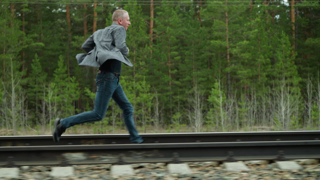 A man wearing a grey suit jacket and blue jeans is captured mid-stride as he runs along railway tracks in a forested area, the lush greenery and electric poles in the background