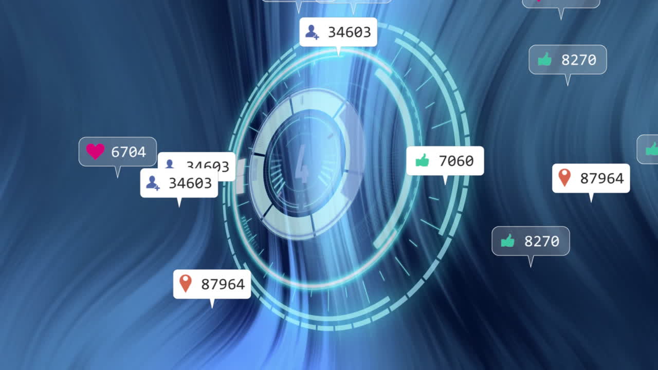 Holographic circular interface pulsing and showing social media metrics in 3D render