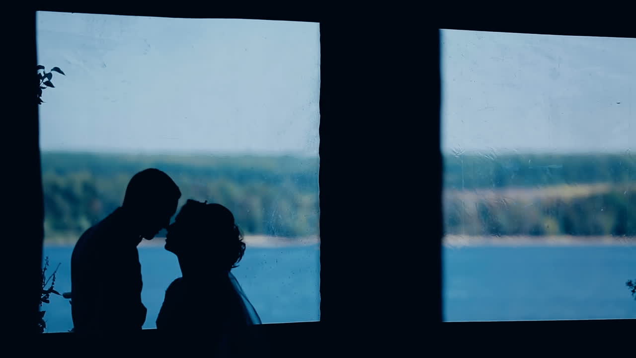 Romantic wedding couple in love. Hugs lovers in silhouette against lake
