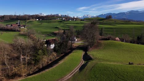 lush green fields in jona with glarus alps in the background, clear sky, aerial view