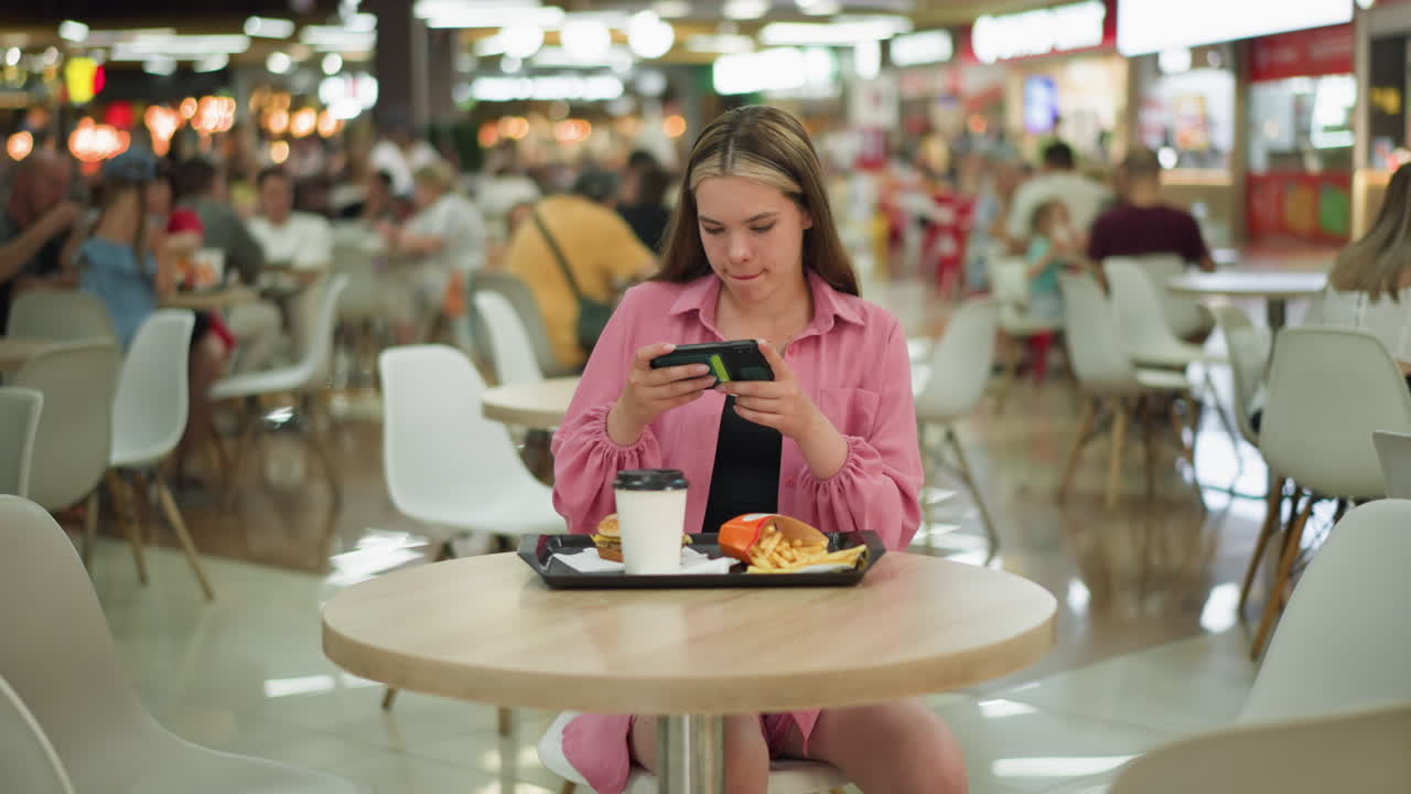 dama de vestido rosa se sienta en la mesa en un restaurante ocupado, tomando una foto de su comida, ajusta su posición, de pie ligeramente para capturar la hamburguesa, papas fritas y taza de café en la bandeja negra delante de ella