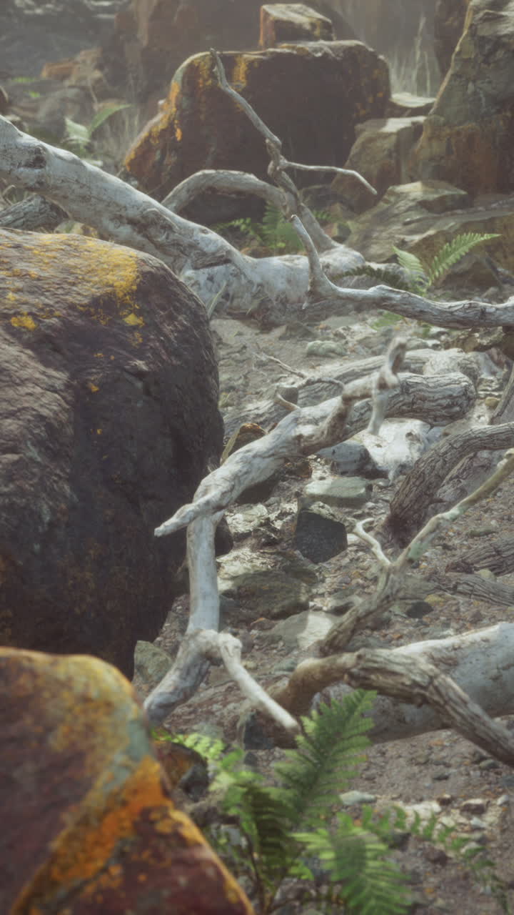 campo de piedra de lava con árboles y plantas muertas