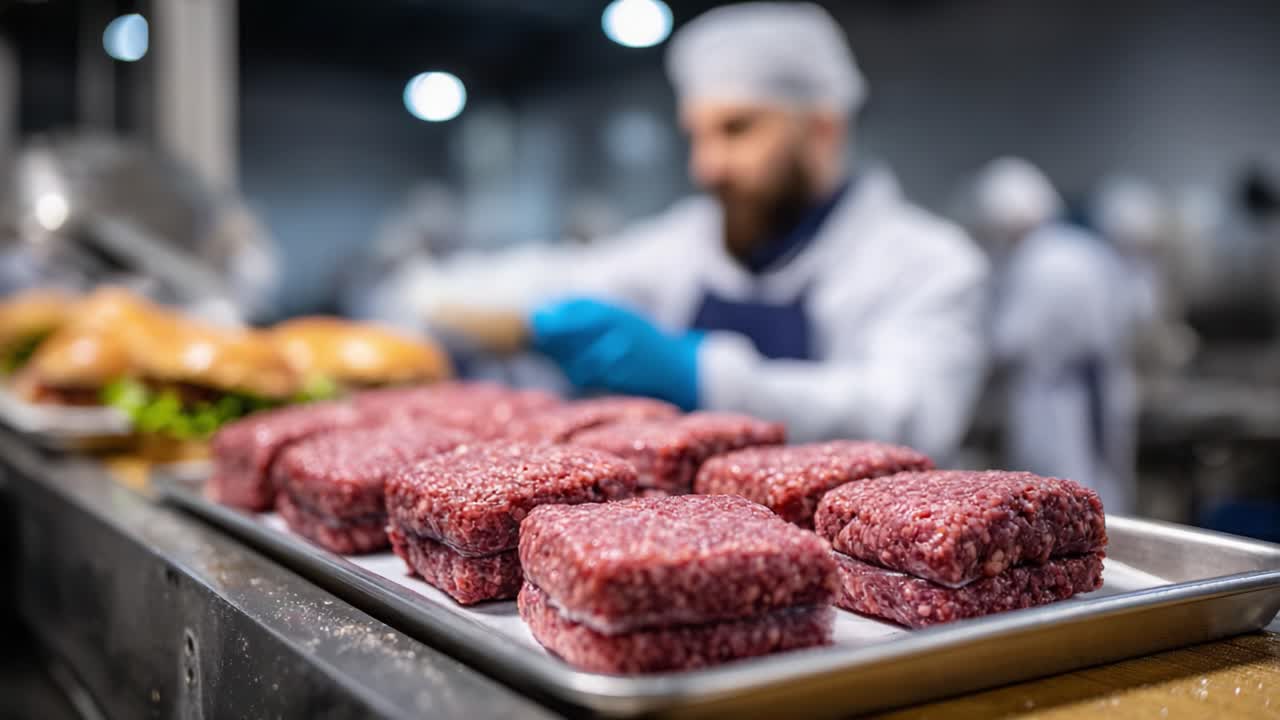 A Skilled Worker Prepares Fresh Ground Beef Patties in a Food Processing Facility, Ensuring Quality and Consistency in Every Batch for Culinary Use