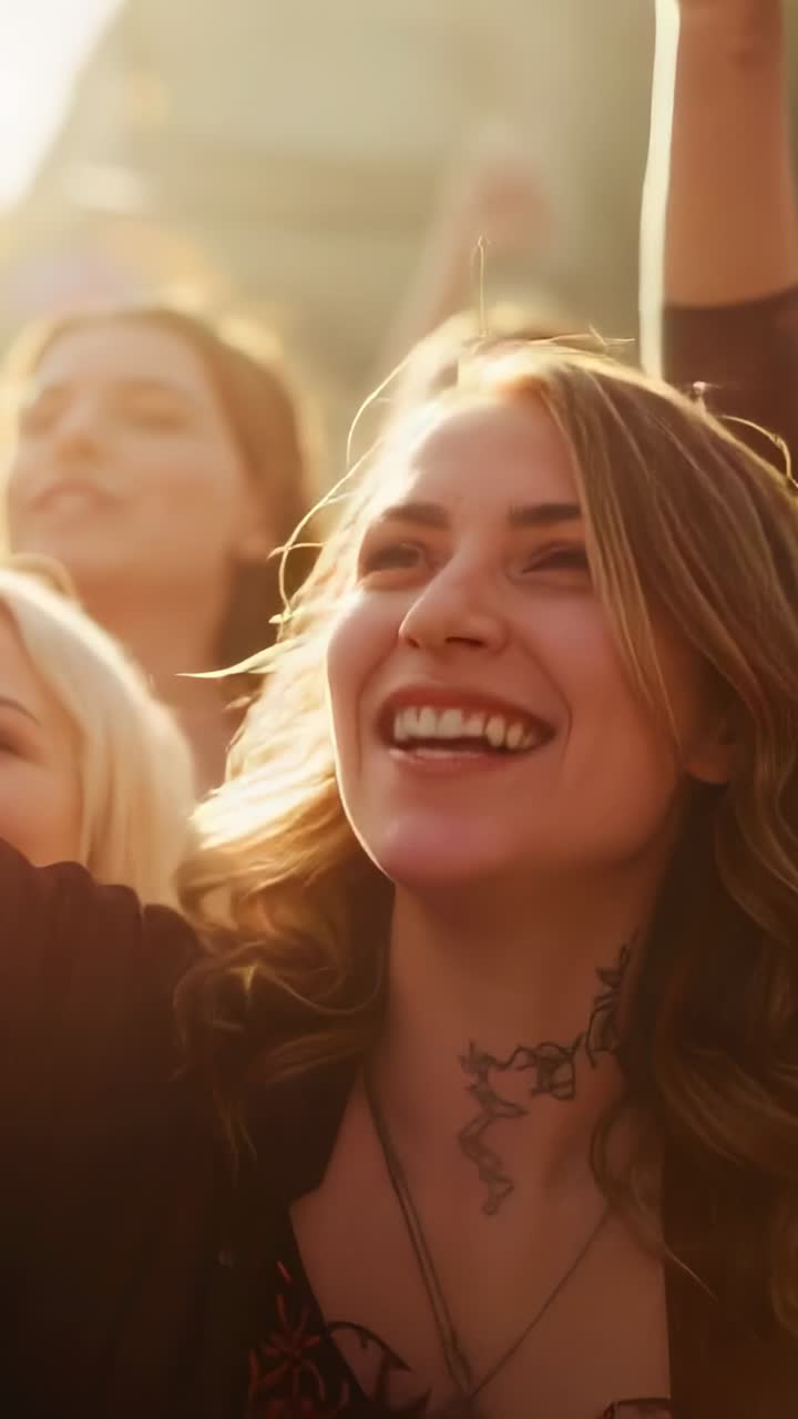 Dikey video: Konserde kolunu kaldıran, boynunda dövme ve kolye olan tezahürat yapan kadın, müzik başlıyor