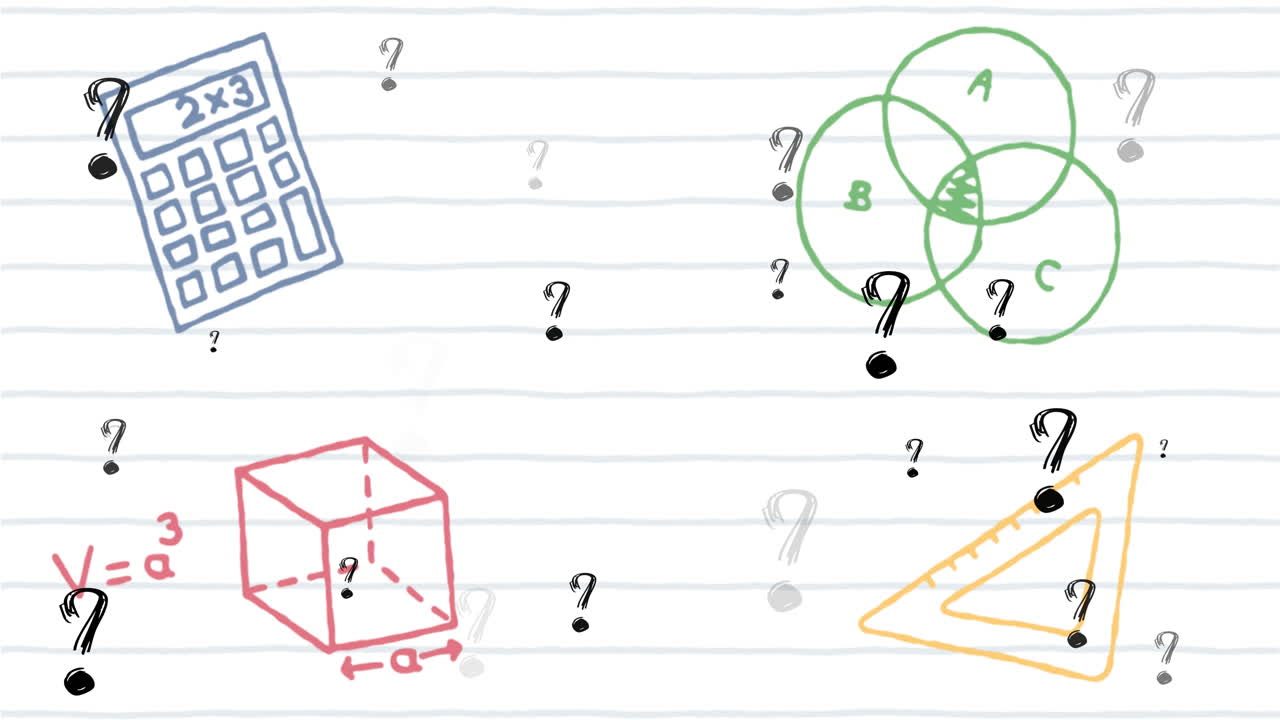 Animation of question marks and school icons on white background