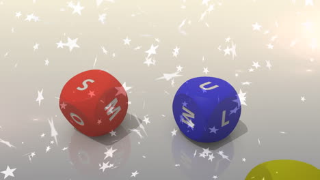 animación de iconos de estrellas sobre dados coloridos que caen contra un fondo gris