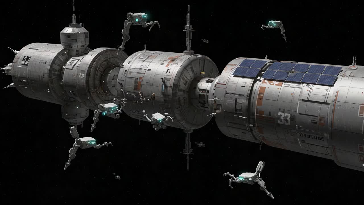 A Stunning Visualization of Spacecraft with Advanced Robotics Engaging in Complex Operations Amidst the Vastness of Space, Showcasing Innovative Technology and Design