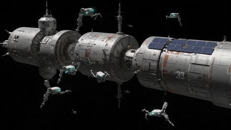 a stunning visualization of spacecraft with advanced robotics engaging in complex operations amidst the vastness of space, showcasing innovative technology and design