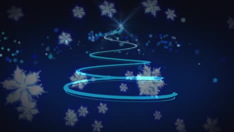 digital composite video of christmas tree and snow flakes falling against blue background