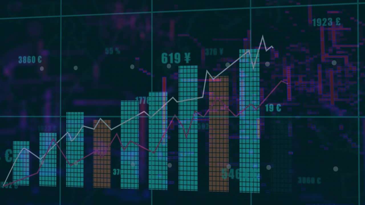 Single bar rising sparking bars building with teal orange cells and lines plotting currency trends