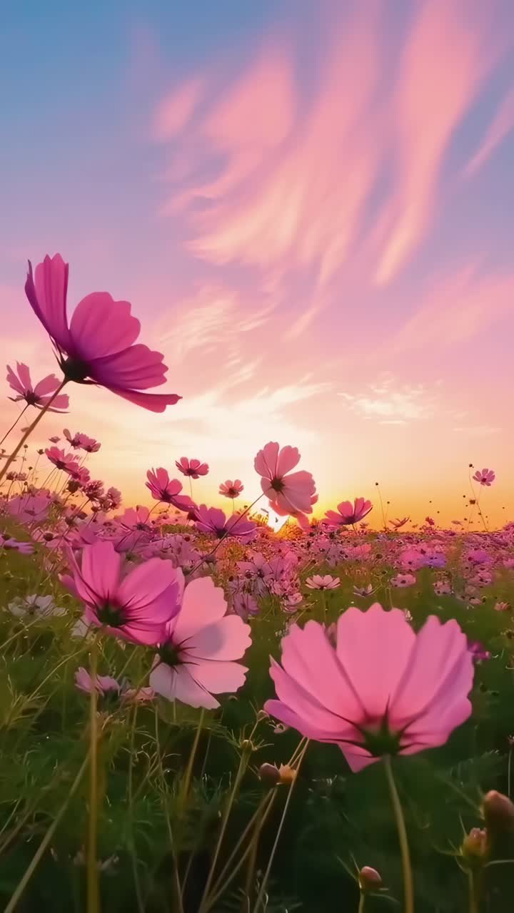 Video con angolazione bassa di un campo di fiori vivace al tramonto, che cattura un cielo sereno e colorato.