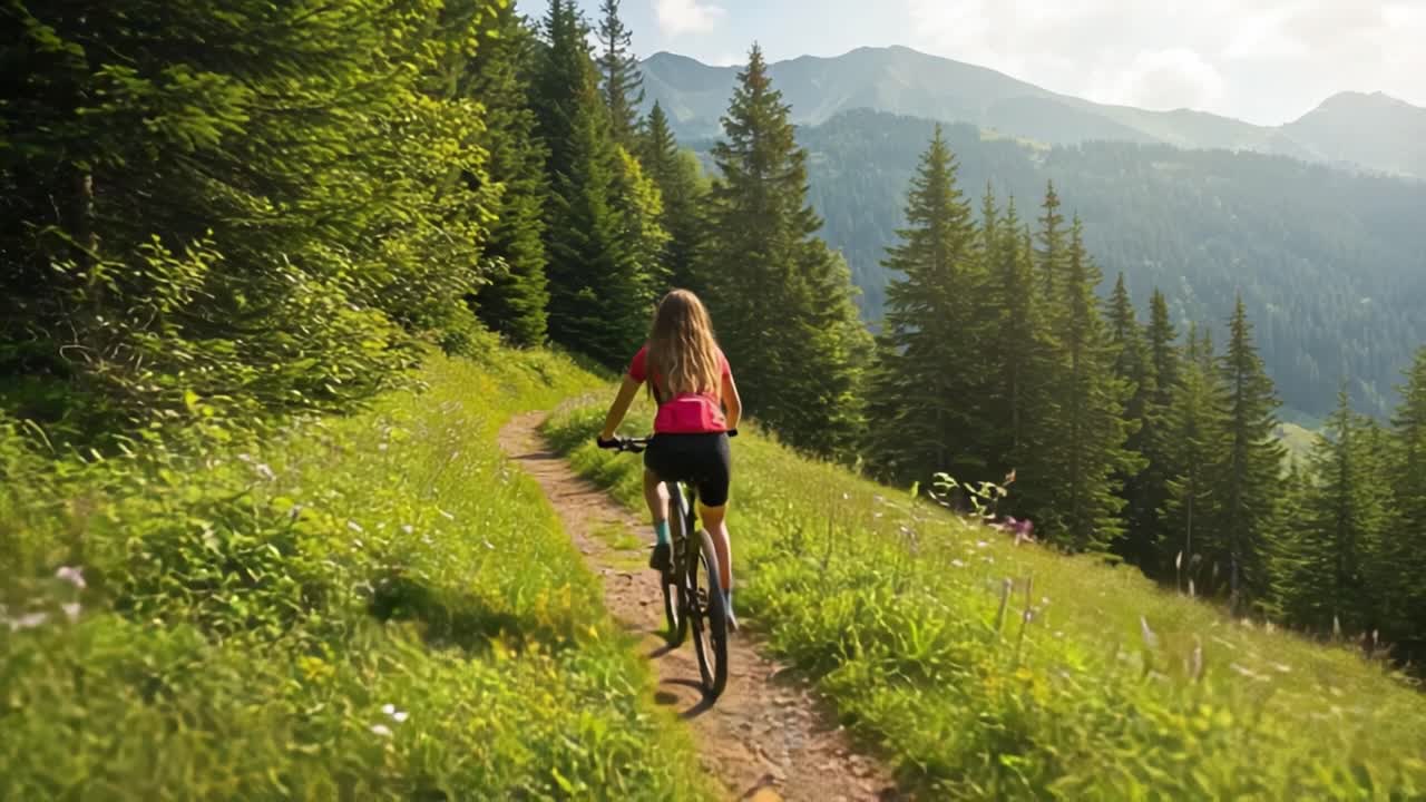A Young Cyclist Enjoys a Serene Mountain Trail Surrounded by Lush Greenery and Vibrant Wildflowers, Capturing the Essence of Outdoor Adventure and Freedom