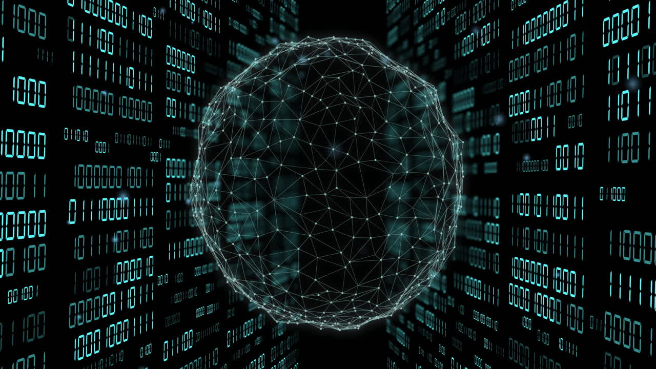 animación del globo con codificación binaria y procesamiento de datos sobre fondo oscuro