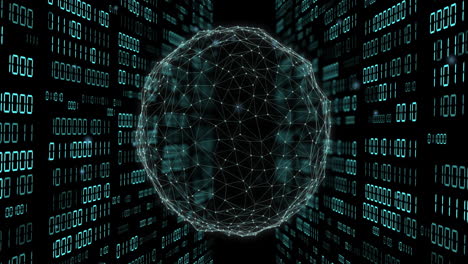 animación del globo con codificación binaria y procesamiento de datos sobre fondo oscuro