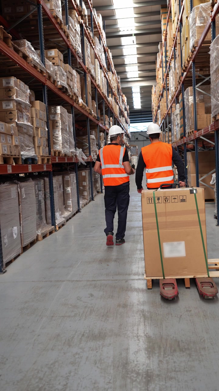 Trabajadores de almacén moviendo un palé con una transpaleta