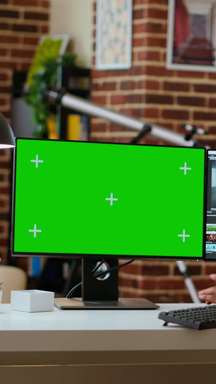 Video verticale: un video editor uomo lavora a un progetto di film in un software creativo accanto al chroma key