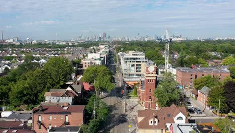 Drone-flying-over-small-town-just-outside-Toronto-near-Lake-Ontario-in-the-summer