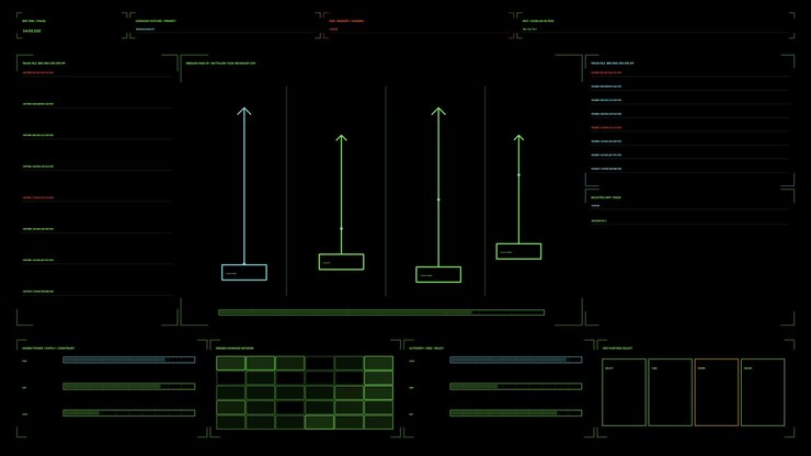 Military command and control HUD for war documentary graphics, with unit track panels, status markers, grids, and green cyan red lines on black loops seamlessly