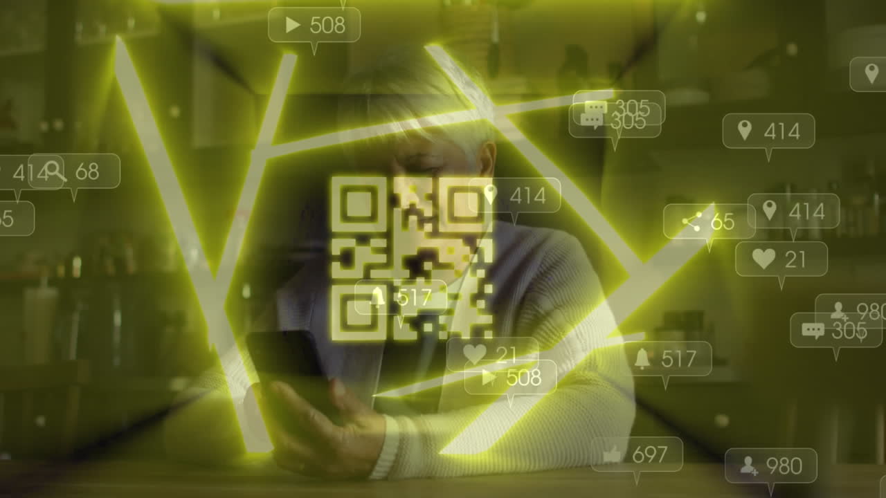 Animation of qr code over woman using smartphone