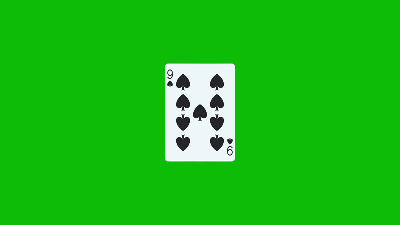 Nine of spades poker card spins and reveals on green screen, 3D animation. You can adjust the timing of the clip to control the reveal effect