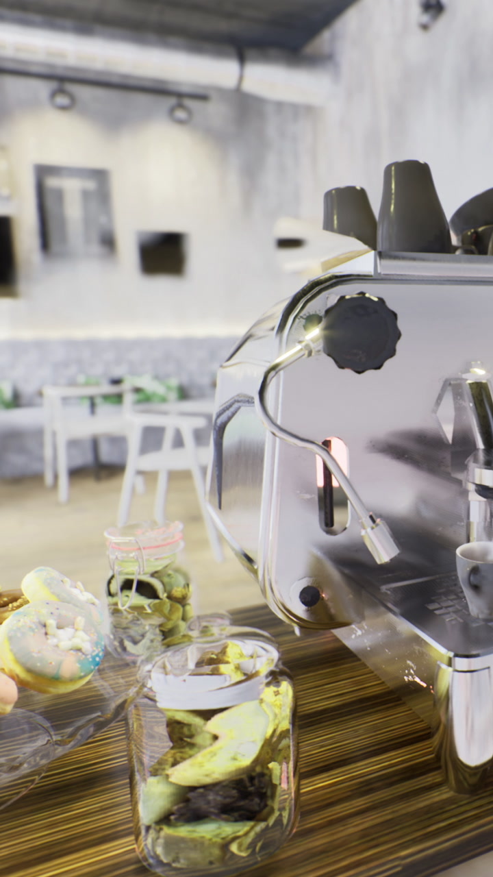 Coffee machine next to jars on a table in a modern cafe setting