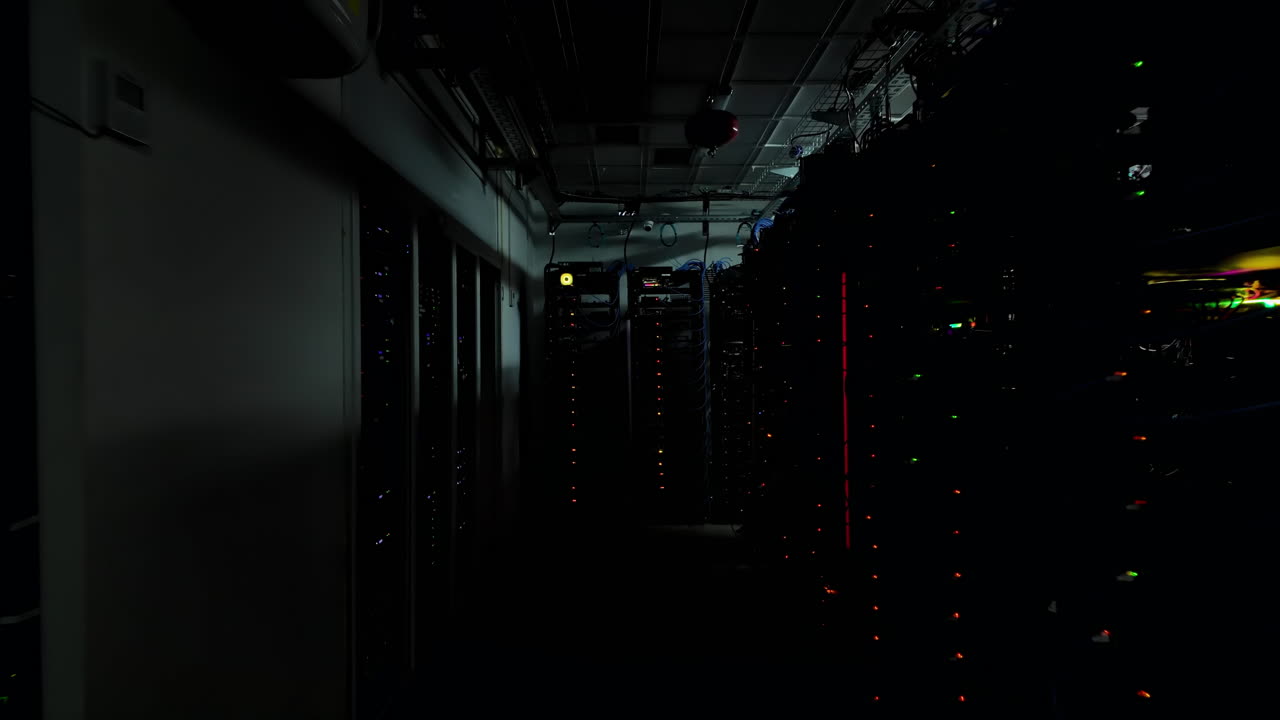 Multiple servers with flashing red lights in a data center