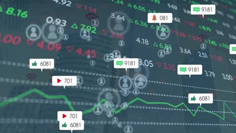 Animación-De-íconos-De-Redes-Sociales,-íconos-De-Perfil,-Procesamiento-De-Datos-Del-Mercado-De-Valores-Contra-Edificios-Altos