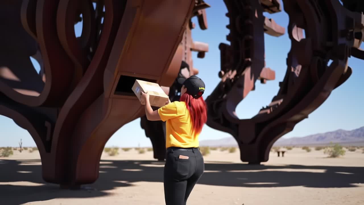 A vibrant figure in a bright yellow shirt approaches an impressive large metal installation against a desert backdrop, showcasing a blend of human interaction with art and nature