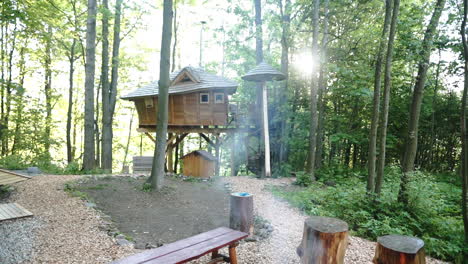 slow motion tilt shot of a fire burning at a campsite with a treehouse in a forest in dolní morava, czech republic, surrounded by tree stumps